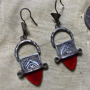 SOLD - Geometric silver and red earrings, handmade, North African design